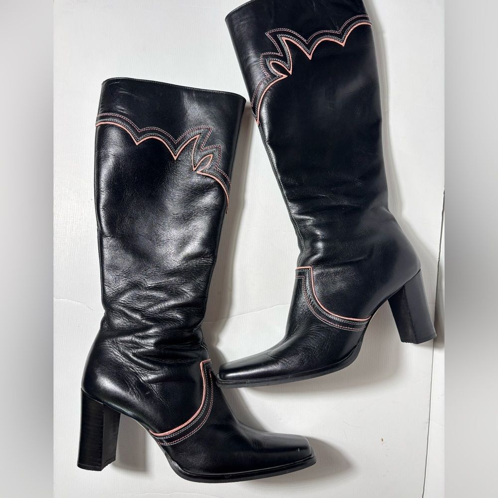 Alfredo Bannister Cowgirl Boots Western Black pink size 8.5 knee high leather
